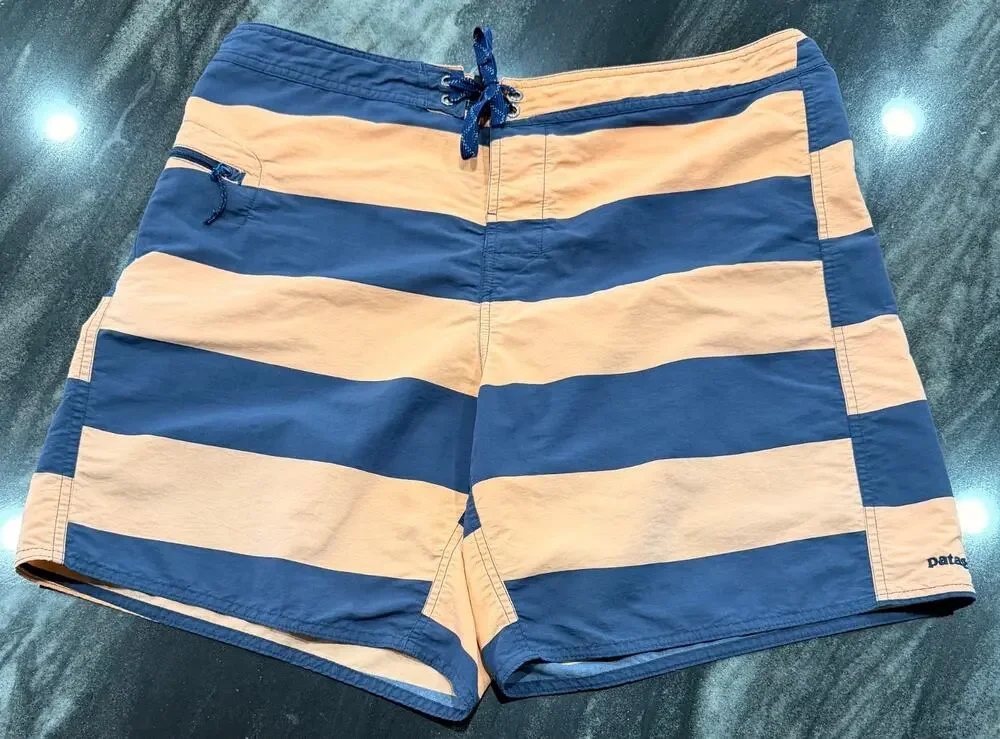 Patagonia Wavefarer Board Shorts Swim Trunks Striped Blue Tan Men's Size 38